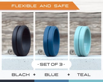 Mens silicone ring set, 3 Silicone Rings Men, Rubber rings, Rubber wedding band men, Fitness Ring men, Flexible ring, Men Silicon Ring Gift