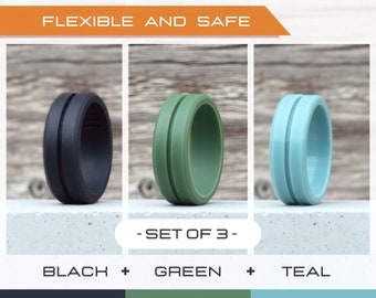 Mens silicone ring set, 3 Silicone Rings Men, Rubber rings, Rubber wedding band men, Fitness Ring men, Flexible ring, Men Silicon Ring Gift