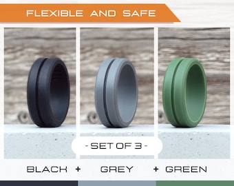 Mens silicone ring set, 3 Silicone Rings Men, Rubber rings, Rubber wedding band men, Fitness Ring men, Flexible ring, Men Silicon Ring Gift
