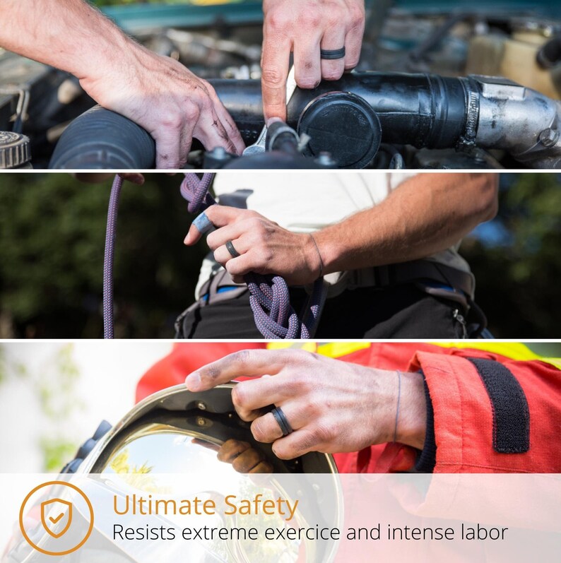 May include: A black silicone ring worn on a person's finger. The ring is shown in three different scenarios: a person working on a car engine, a person climbing a rope, and a person wearing a firefighter's helmet. The text "Ultimate Safety" and "Resists extreme exercise and intense labor" is displayed below the images.