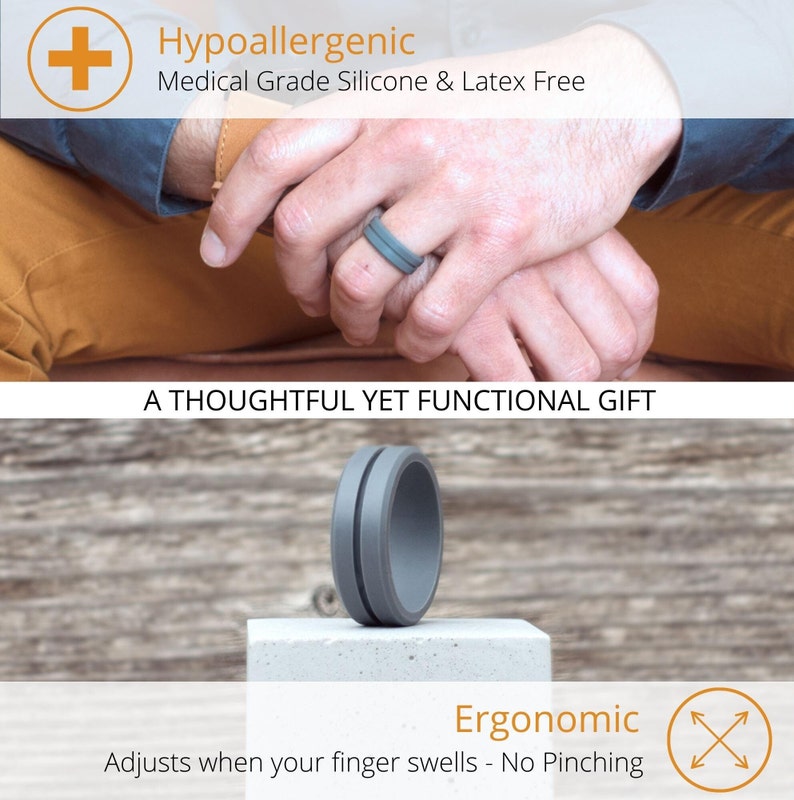May include: A grey silicone ring with a grooved design. The ring is shown on a wooden surface and a hand wearing the ring. The text "Hypoallergenic Medical Grade Silicone & Latex Free" and "A Thoughtful Yet Functional Gift" are visible in the image. The text "Ergonomic Adjusts when your finger swells - No Pinching" is also visible in the image.