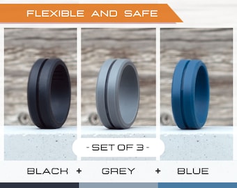 Mens silicone ring set, 3 Silicone Rings Men, Rubber rings, Rubber wedding band men, Fitness Ring men, Flexible ring, Men Silicon Ring Gift