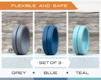 Mens silicone ring set, 3 Silicone Rings Men, Rubber rings, Rubber wedding band men, Fitness Ring men, Flexible ring, Men Silicon Ring Gift