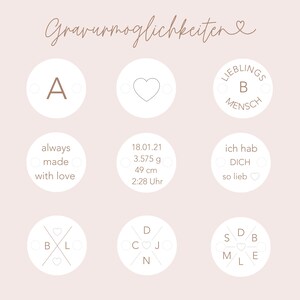 May include: A graphic showcasing engraving options. The image features circular designs with letters, a heart, and phrases like "always made with love." It also includes measurements: 3.575 grams and 49 cm. The text "Gravurmoglichkeiten" is at the top.