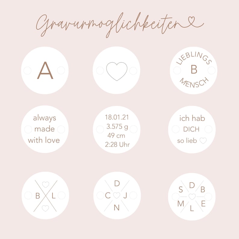 May include: A graphic showcasing engraving options. The image features circular designs with letters, a heart, and phrases like "always made with love." It also includes measurements: 3.575 grams and 49 cm. The text "Gravurmoglichkeiten" is at the top.