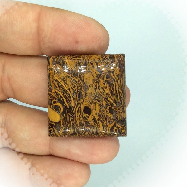 Marium African Golden Calligraphy Jasper Cab Yellow Brown Rectangle Square shape. 30x29x7mm. 64Cts. Communication Mental insight Gemstone.