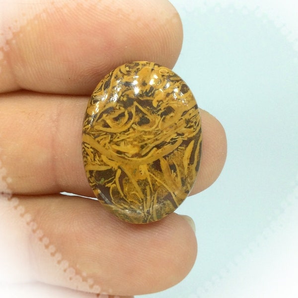 Marium African Golden Jasper Calligraphy Jasper Cabochon Orange Brown Gemstone Oval shape  24x18x6mm 22.8Cts. Creativity Communication.