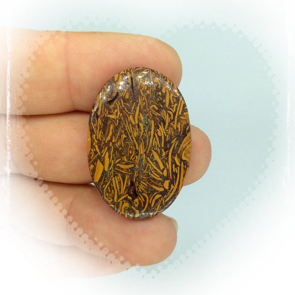 Marium African Golden Jasper Calligraphy Jasper Cabochon Yellow Brown Gemstone Oval shape  33x23x3.5mm 24.15Cts. Creativity Communication.