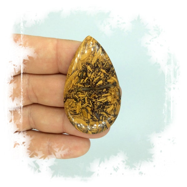 Marium African Golden Jasper Calligraphy Jasper Cabochon Gemstone Orange Brown Color Pear shape.  49x28x6mm. 63Cts. Stone of creativity.