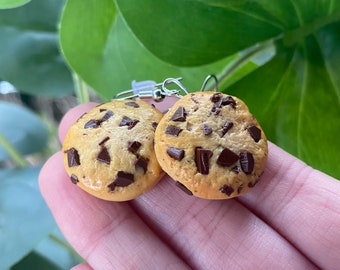 Chocolate Chip Cookie Dangle Earrings, Nickel Free Food Themed Jewelry, Handmade Polymer Clay Dessert Accessories, Fun miniature gifts