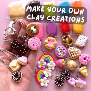 Könnte beinhalten: Eine Sammlung farbenfroher Tonkreationen, darunter Ohrringe, Schlüsselanhänger und Anhänger. Das Bild zeigt Miniatur-Donuts, Kuchen, Kekse und ein Regenbogen-Design. Der Text im Bild lautet "MAKE YOUR OWN CLAY CREATIONS."