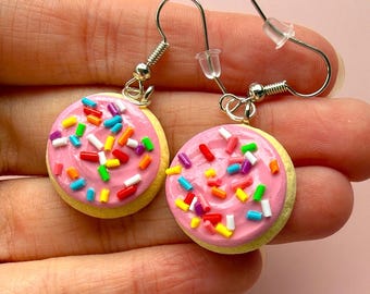 Pink Lofthouse Cookie Earrings | Polymer Clay Frosted Sugar Cookie Jewelry | Nostalgic Dessert Earrings | Cute Sprinkle Cookie Jewelry | Kaw