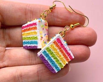 Rainbow Cake Earrings | Polymer Clay Layer Cake Jewelry | Colorful Dessert Earrings | Kawaii Food Jewelry | Mini Birthday Cake Earrings