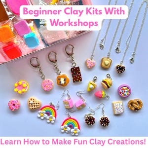 May include: A collection of handmade clay jewelry and keychains, including donuts, pizza slices, and rainbow designs. The image features necklaces, earrings, and keychains with food-themed charms. The text reads "Beginner Clay Kits With Workshops" and "Learn How to Make Fun Clay Creations!"