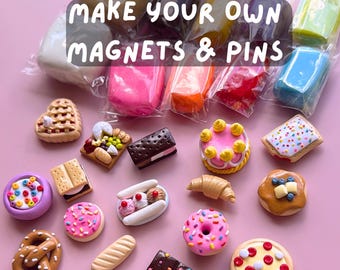 DIY Polymer Clay Magnets & Pins Kit | Beginner Clay Craft Kit | Make 8 Magnets + 8 Pins, Video Workshop Included, Gift Idea For Women
