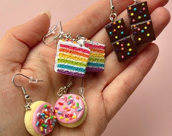 Nostalgic Dessert Earrings – Rainbow Cake, Cosmic Brownie, Lofthouse Cookie – Cute Food Jewelry, Gift for Her, Miniature Polymer Clay