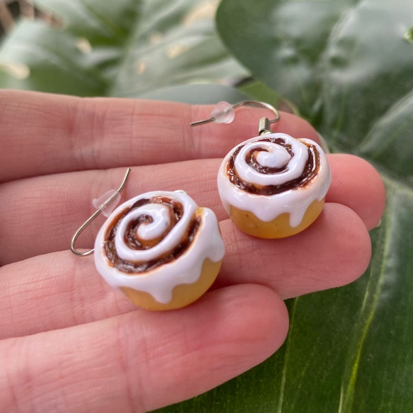 Cinnamon Roll Dangle Earrings, Handmade Clay Breakfast Themed Jewelry, Nickel Free Food Earrings, Lightweight girl gifts, Dessert Earrings