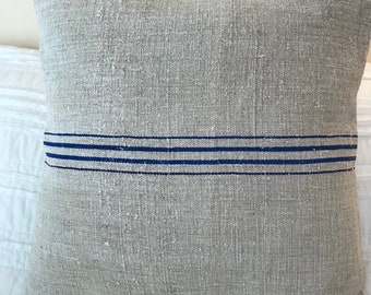 Antique Hemp European Indigo Blue Stripe Grain Sack Pillow, Velvet Silver Accent Zipper