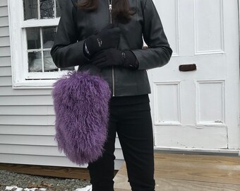 Purple Mongolian Sheepskin Hide Tote Messenger Bag Purse w Floral Lining