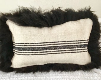 X Large Pure Icelandic THICK Sheepskin Pillow w Antique Hemp Grain Sack Back