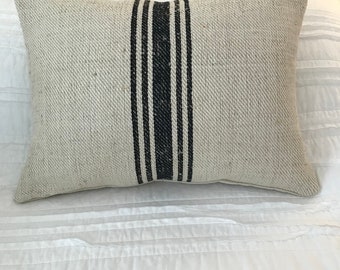 Antique Hemp European Grain Sack Pillow Velvet Silver Zipper