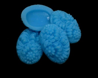 20 Glass Cabochon Blue Mottled Carved Floral Cherry Brand 26 x 18 mm Vintage