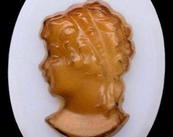 10 Glass Oval Brown Glass 3D Woman Cameo Cabochon 10 x 8 mm Vintage
