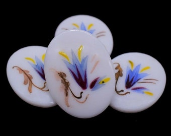 Glass Floral Cabochons White Oval Cameo 40 x 30 mm Vintage