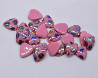 10 Iridescent Heart Shape Pink Cabochons 10 x 9 mm Vintage