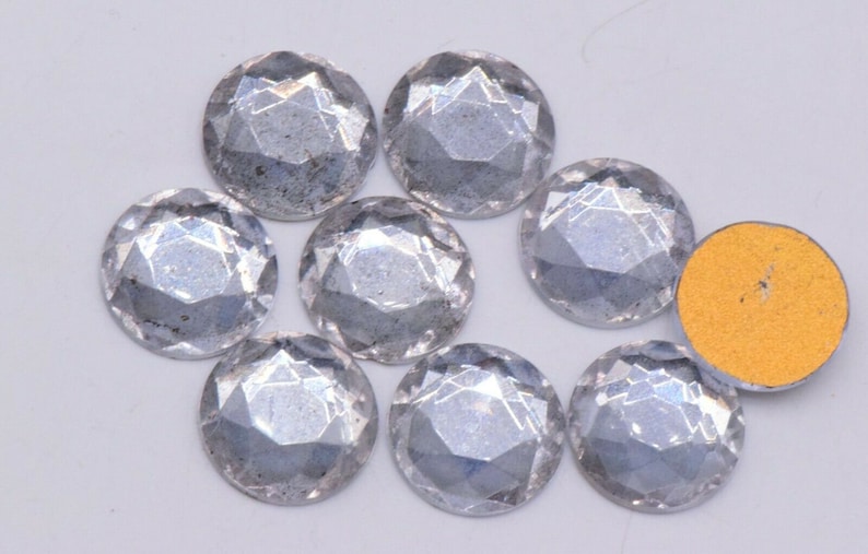 Glass silver faceted cabochon gold foiled round rhinestone vintage 15 mm