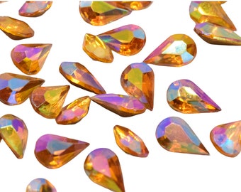 20 Glass Topaz Aurora Borealis Pear-shape Cabochon Foiled Rhinestone 6 X 10 mm