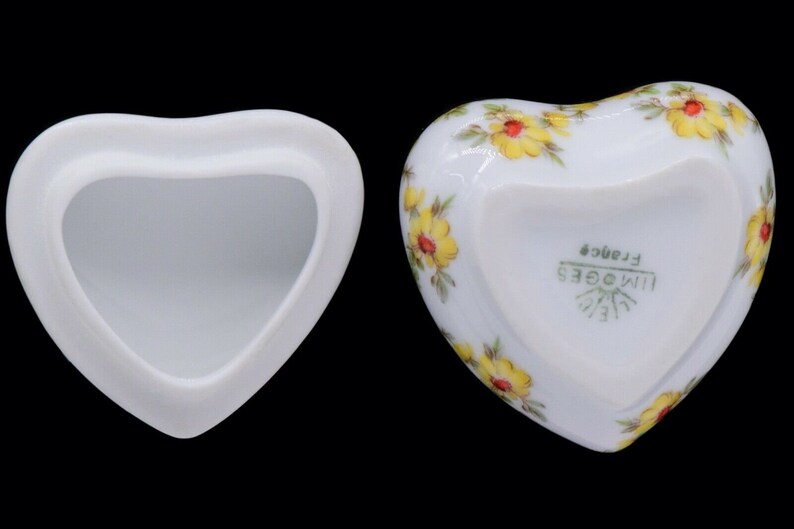 LeClair Limoges France Yellow Floral Puff Heart Trinket Jewelry Box LEC