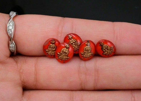 10 glass red gold oval chinese buddha cabochon 10… - image 1