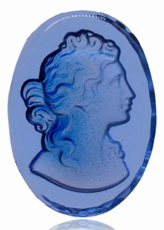 10 Glass Embossed Blue Transparent Woman Cabochon Cameo 25 x 18 mm Vintage