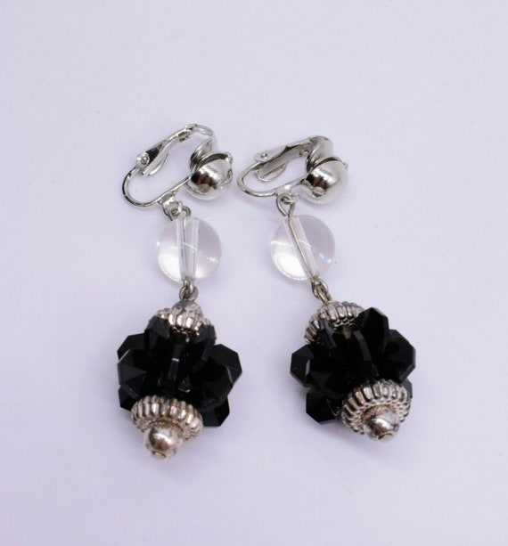 Black Silver Drop Dangle Art Deco Clip On Earrings - image 3