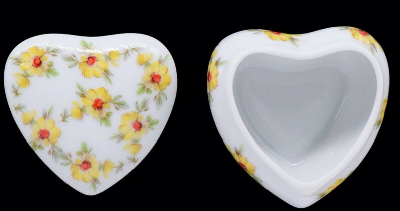 LeClair Limoges France Yellow Floral Puff Heart Trinket Jewelry Box LEC