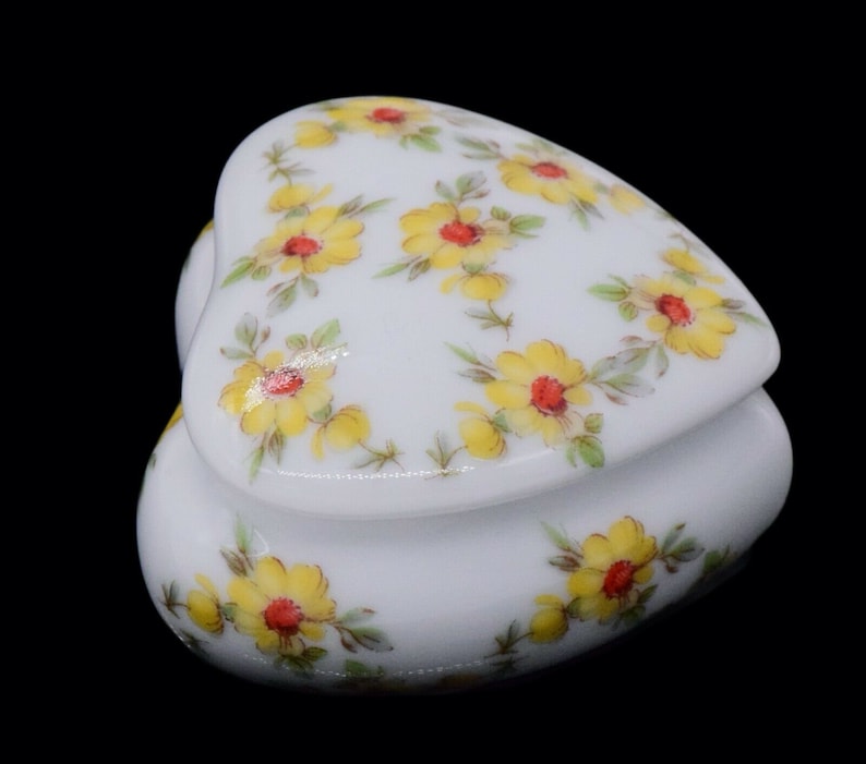 LeClair Limoges France Yellow Floral Puff Heart Trinket Jewelry Box LEC