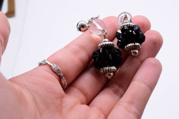 Black Silver Drop Dangle Art Deco Clip On Earrings - image 4