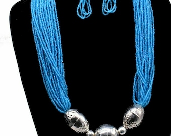 Handmade Blue Multi-Strand Beaded Dangle Bohemian Necklace Earrings Set 27 "