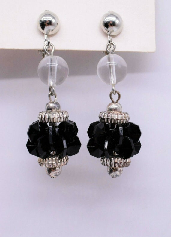 Black Silver Drop Dangle Art Deco Clip On Earrings - image 2