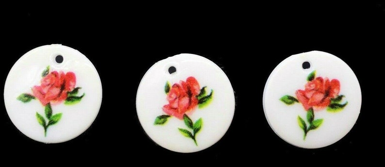Floral Pendant Round Rose Pink White Charm 16 mm Crafts Jewelry Making Vintage image 1