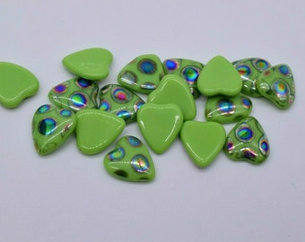 10 Green Heart Shaped Iridescent Cabochons 10 x 9 mm Vintage