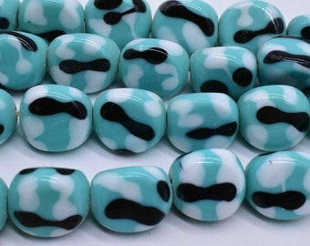 20 Glass Blue Black Speckled White Rondelle Beads 17 x 16 mm Japan Vintage