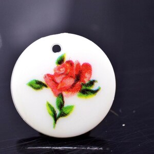 Floral Pendant Round Rose Pink White Charm 16 mm Crafts Jewelry Making Vintage image 2