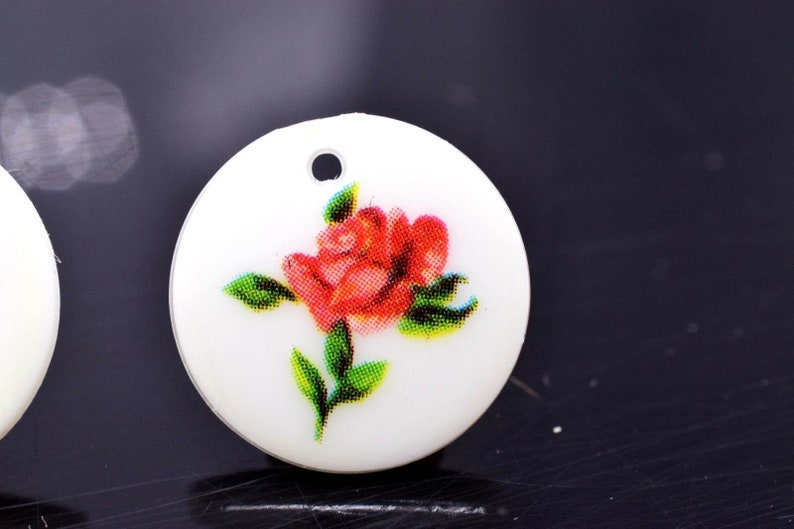 Floral Pendant Round Rose Pink White Charm 16 mm Crafts Jewelry Making Vintage image 2