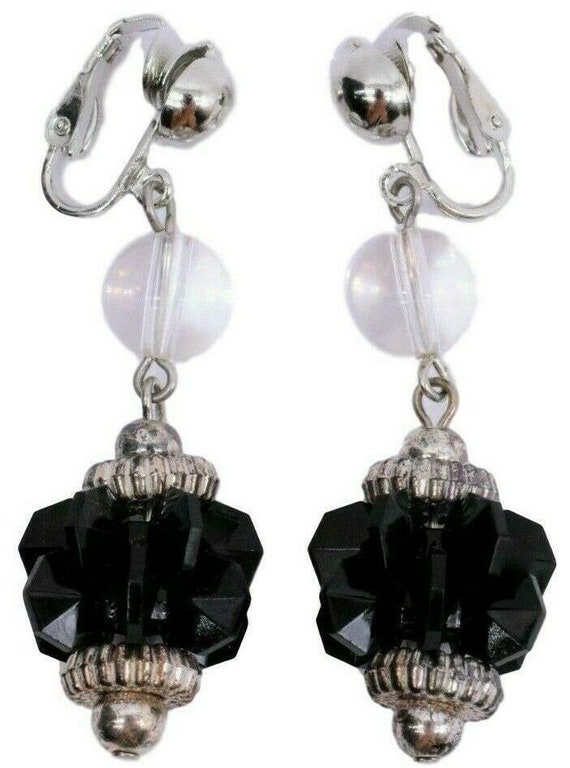 Black Silver Drop Dangle Art Deco Clip On Earrings - image 1