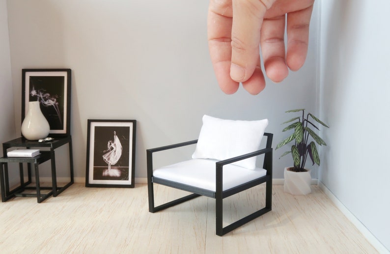 Miniature black armchair, 1:12th scale, modern miniature furniture for dollhouses image 1