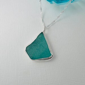 Deep teal green large seaglass set in fine silver open bezel setting, cornish teal green seaglass sterling silver pendant , natural seaglass