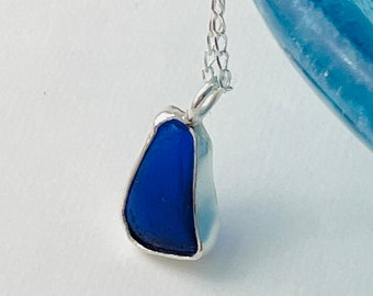 Deep cobalt blue Cornish sea glass pendant set into a fine silver bezel setting,blue Cornish sea glass pendant set in silver, something blue