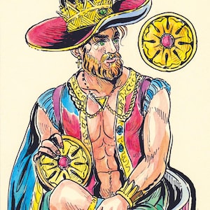 May include: A colorful illustration of a bearded figure wearing a wide-brimmed hat with a crown, a red vest with gold trim, and blue fabric. The figure holds a circular gold coin with a central red gem, matching a floating coin nearby.
